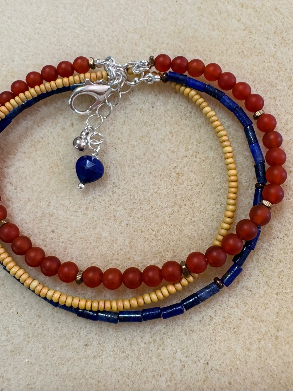 Layered Beaded Bracelet Set - Red Jasper Blue Lapis, and Mustard Seed Bead